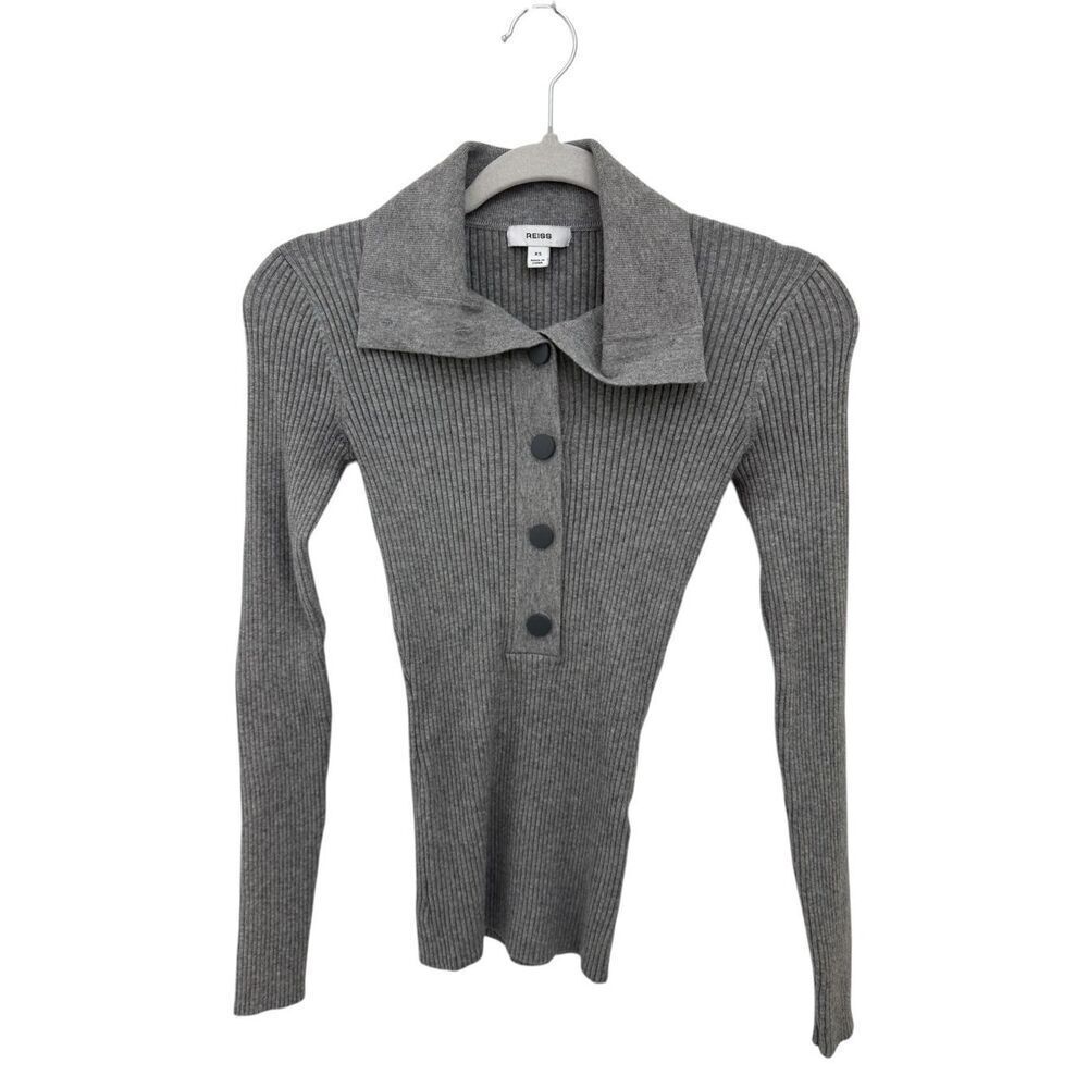 REISS Women’s Maia Ribbed Cardigan Sweater Size XS Gray Buttons Slim